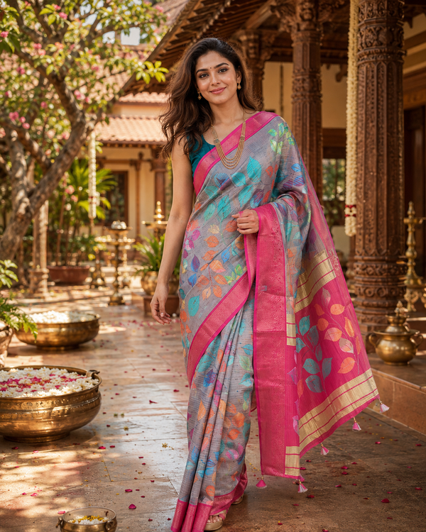 Grey with Rani Pink - Semi Raw Silk Saree