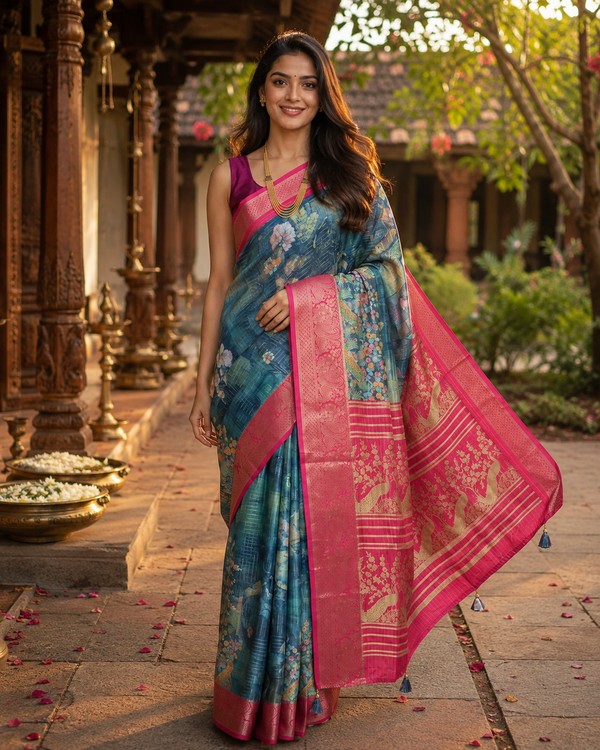Greyish Blue with Rani Pink - Semi Raw Silk Saree