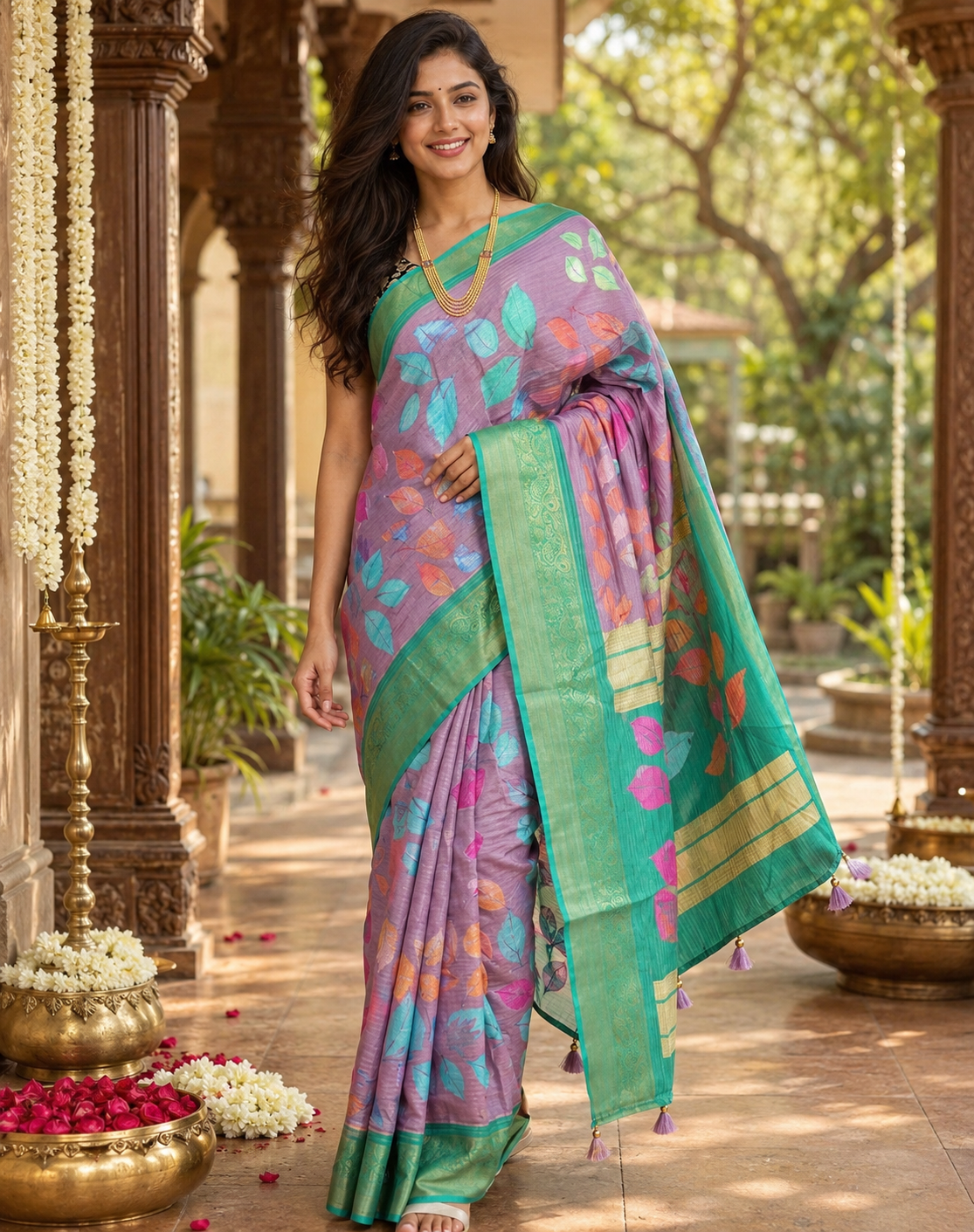 Onion Pink with Sea Green - Semi Raw Silk Saree