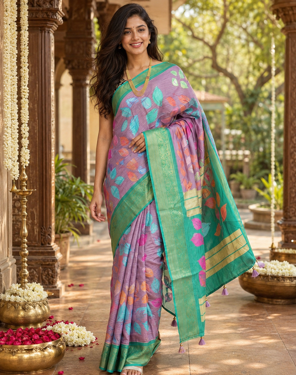 Onion Pink with Sea Green - Semi Raw Silk Saree