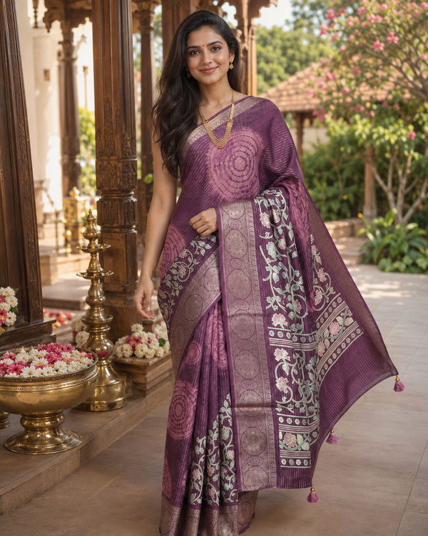 Elegant Deep Purple with Floral Pastel Munthi - Semi Raw Silk Saree
