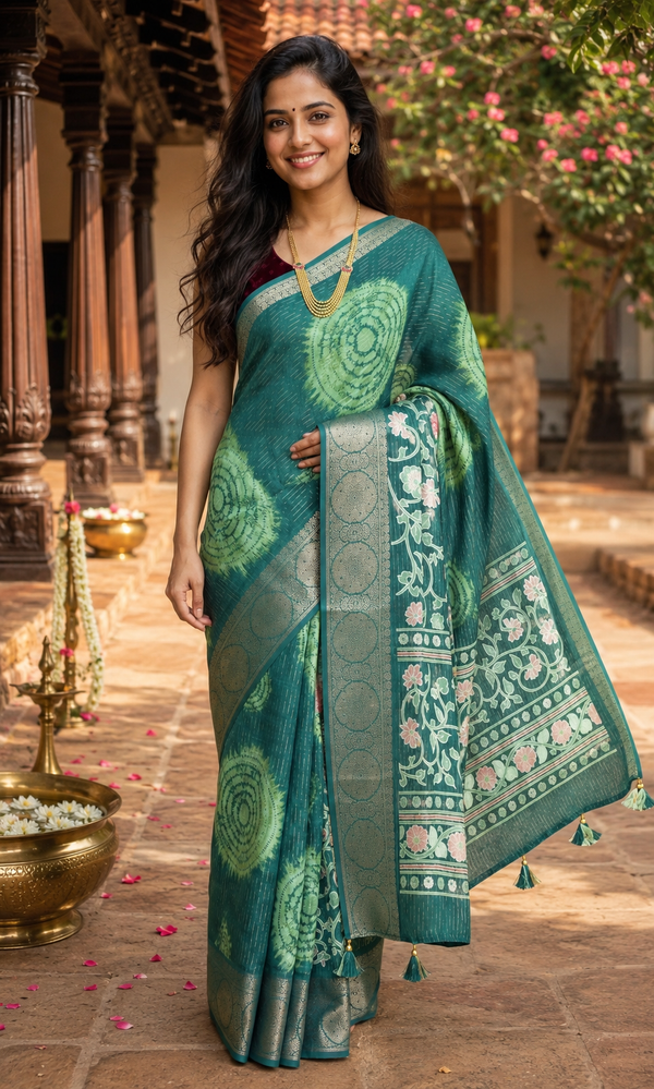 Deep Green with Matching Green and Zari Pallu - Semi Raw Silk Saree