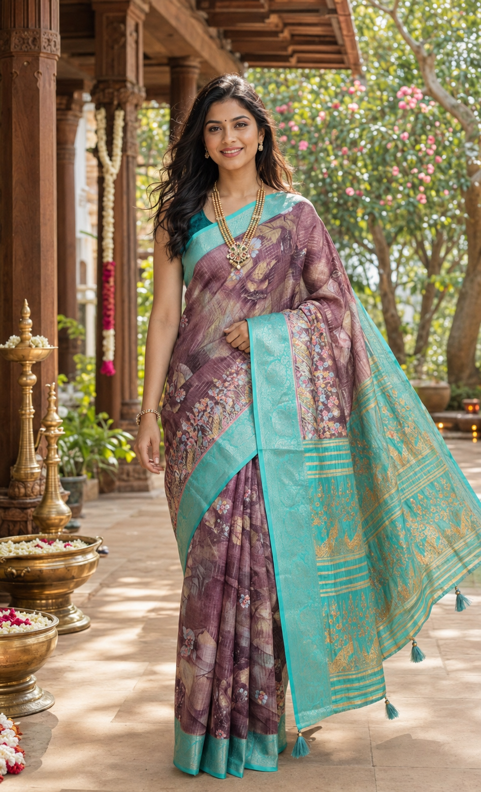Mauve Purple with Turquoise Blue - Semi Raw Silk Saree