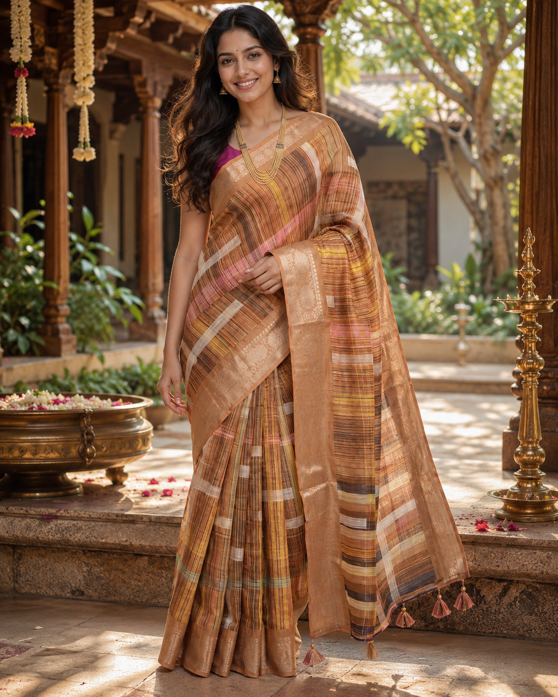 Elegant Ochre Brown with Golden Zari Pallu - Semi Raw Silk Saree