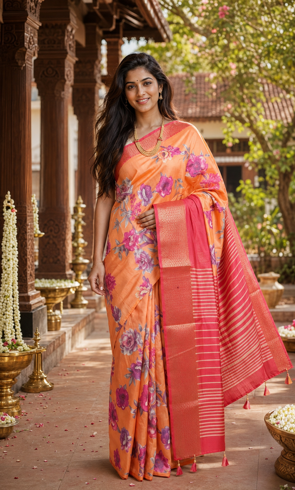 Orange with Pink Saree - Semi Raw Silk Saree