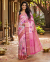 Light Pink Floral Printed Saree with Dark Pink Zari Pallu - Semi Raw Silk Saree