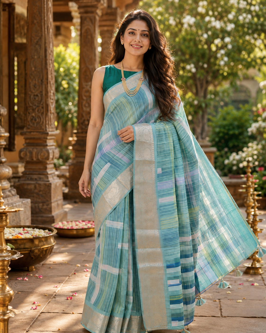 Sea Green with Silver Zari Pallu - Semi Raw Silk Saree