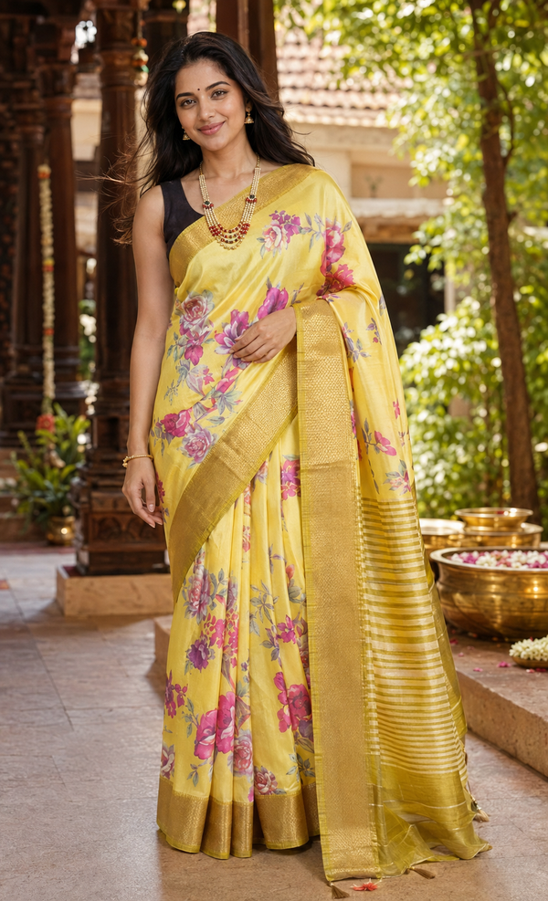 Lemon Yellow with Olive Green - Semi Raw Silk Saree