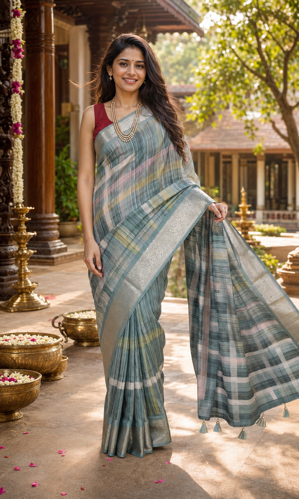 Sage Green with Silver Pallu - Semi Raw Silk Saree