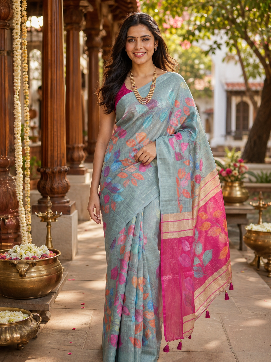 Sea Green with Rani Pink - Semi Raw Silk Saree