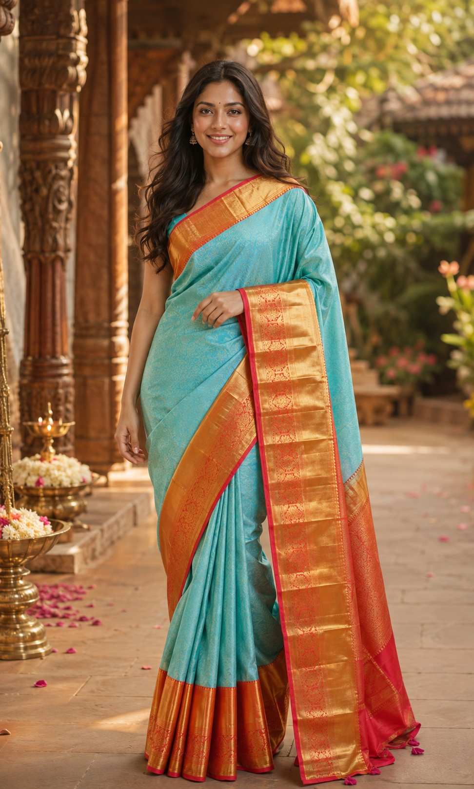 Sky Blue and Crimson Red Pure Kanchipuram Silk Saree