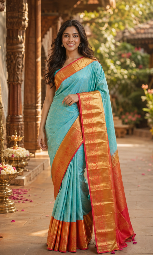 Sky Blue and Crimson Red Pure Kanchipuram Silk Saree