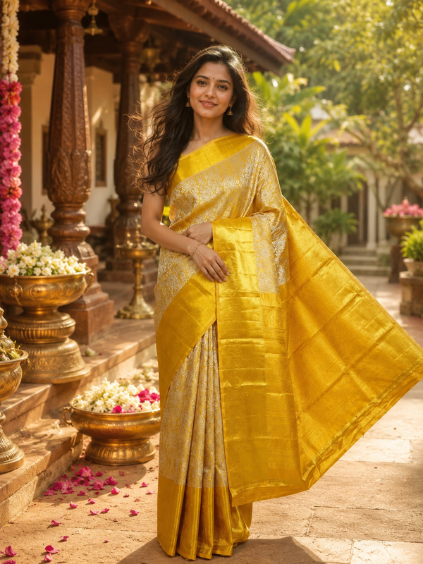 Radiant Mustard Yellow and Off-White Pure Kanjivaram Silk Saree