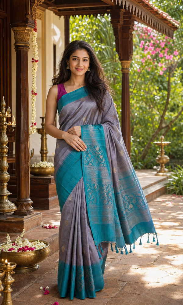 Grey and Rama Green Pure Soft Silk Saree