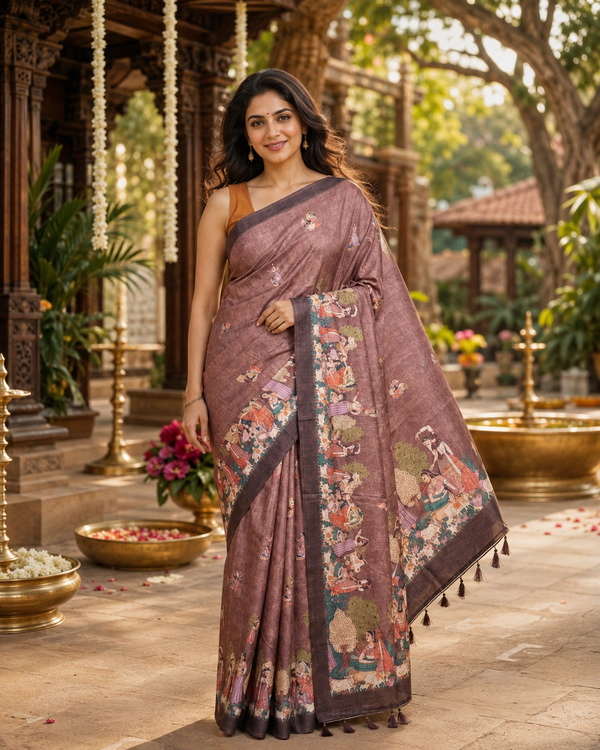 Dusty Rose Pink with Deep Coffee Brown - Semi Tussar Saree