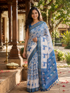 White with Blue Pallu - Semi Tussar Saree