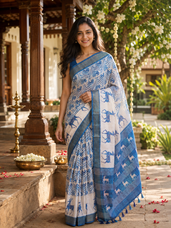 White with Blue Pallu - Semi Tussar Saree