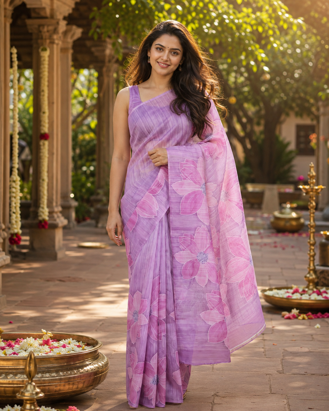 Lavender with Pink Floral Pallu - Semi Tussar Saree