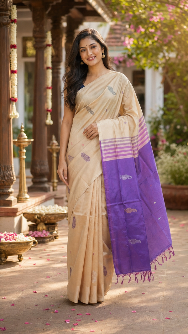 Cream and Purple Banana Silk Sarees
