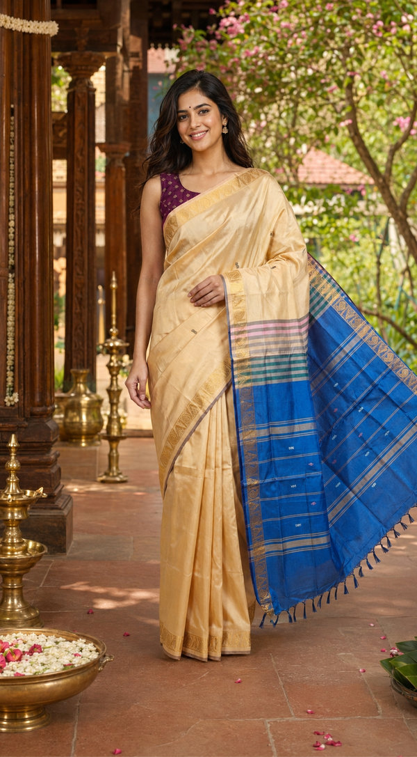 Cream and Blue Banana Silk Sarees