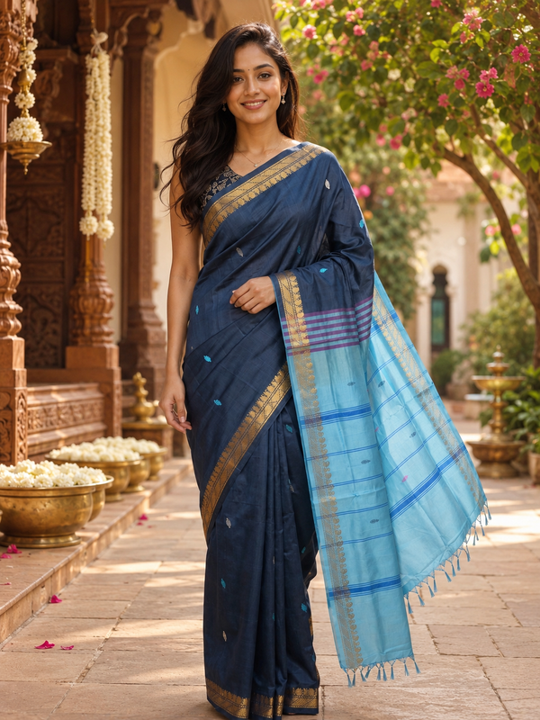 Navy Blue and Sky Blue Banana Silk Sarees