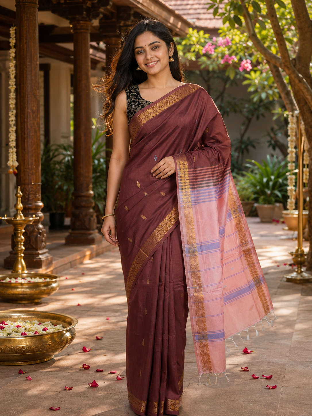 Maroon and Pink Banana Silk Sarees