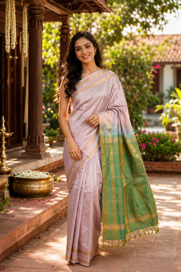 Pastel Pink with Green Munthi Vaalai Naar Pattu Saree
