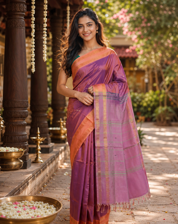 Muted Purple Saree with Lavender Munthi Vaalai Naar Pattu Saree