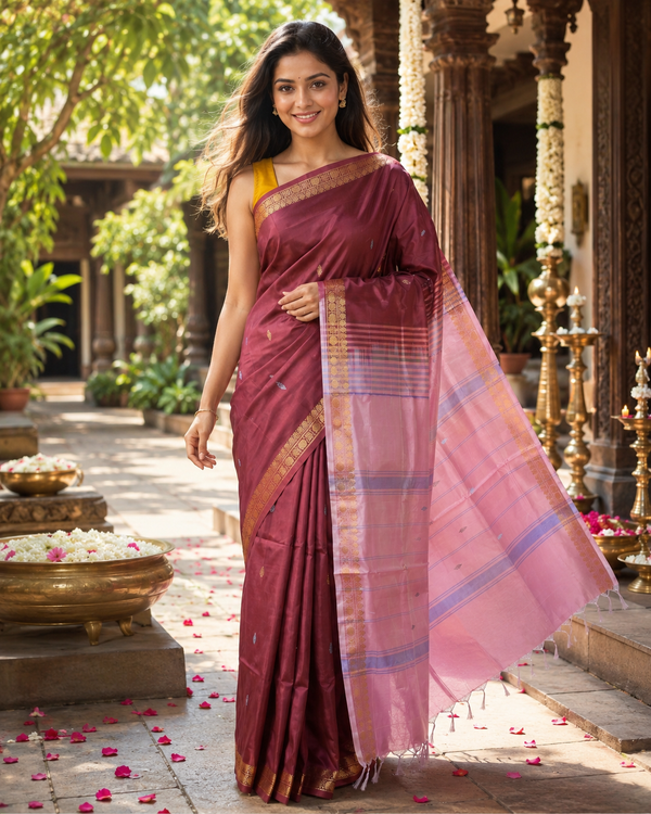 Wine with Pink Munthi Vaalai Naar Pattu Saree