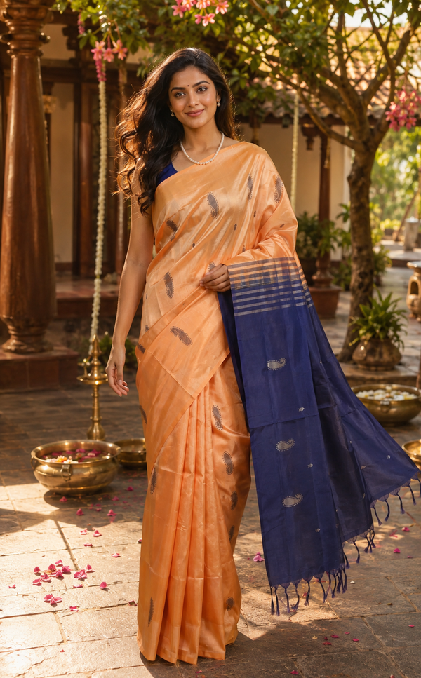 Peach with Royal Blue Vaalai Naar Pattu Saree