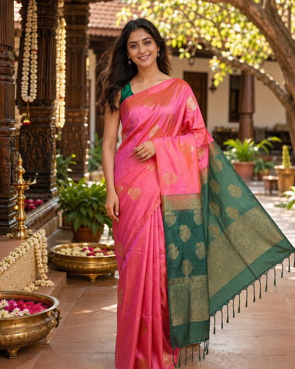 Pink with Dark Green - Semi Silk Saree