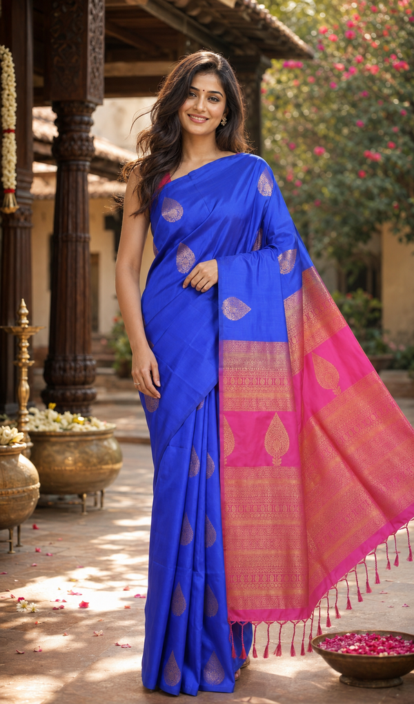 Blue with Pink - Semi Silk Saree