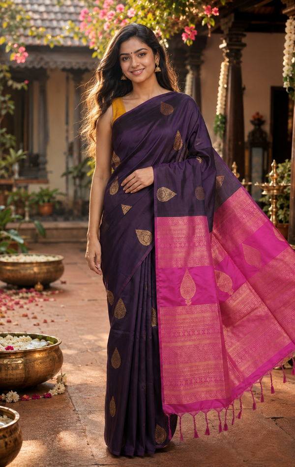 Deep Purple with Magenta Pink Semi Silk Saree