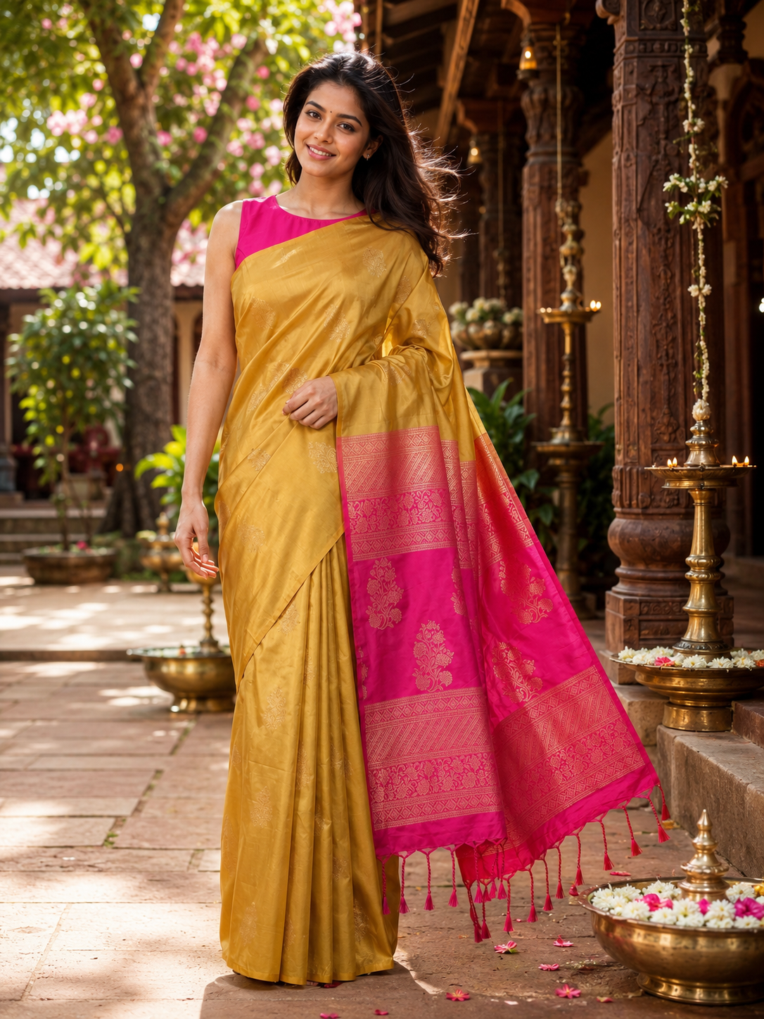 Mustard Green with Rani Pink Kanchi Semi Silk Saree