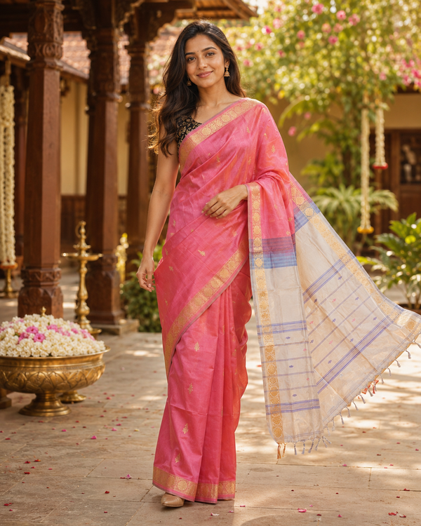 Rose Pink and Cream Banana Silk Sarees