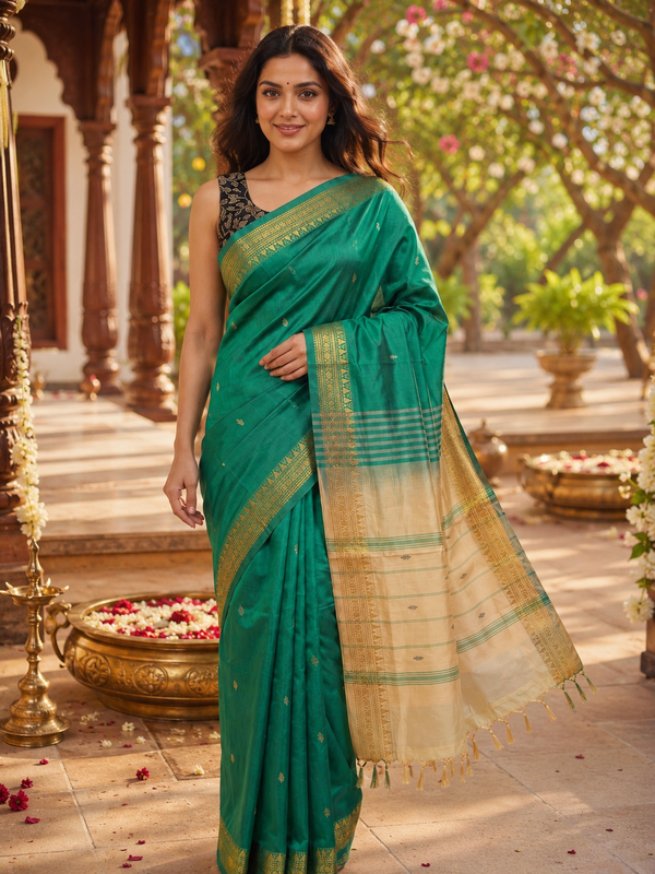 Green and Cream Banana Silk Sarees