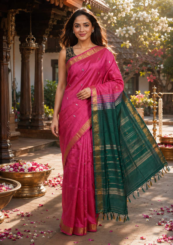 Pink and Green Banana Silk Sarees