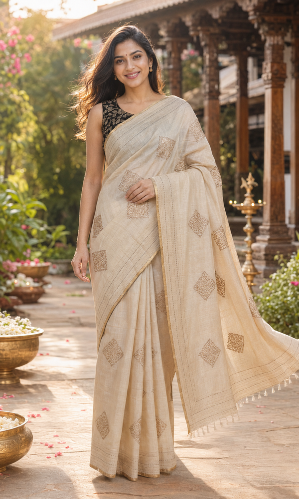 Cream and Gold Linen Cotton Saree