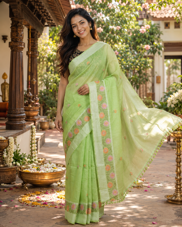 Light Green Linen Cotton Saree