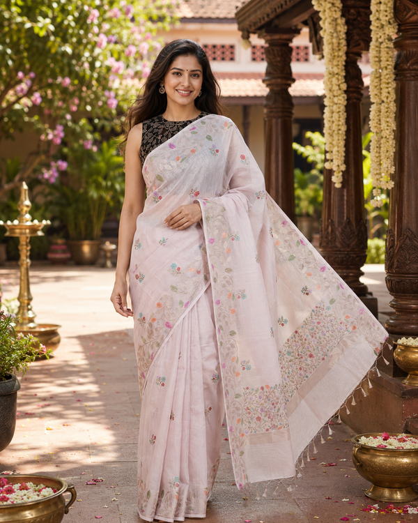 Blush Pink and Multicolour Linen Cotton Saree