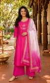 Rani Pink Embroidered Umbrella Kurti Set with Ombre Dupatta