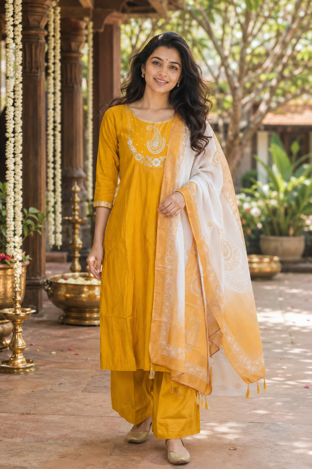 Mustard Yellow with Cream Dupatta Ready Made Umbrella Kurti Set