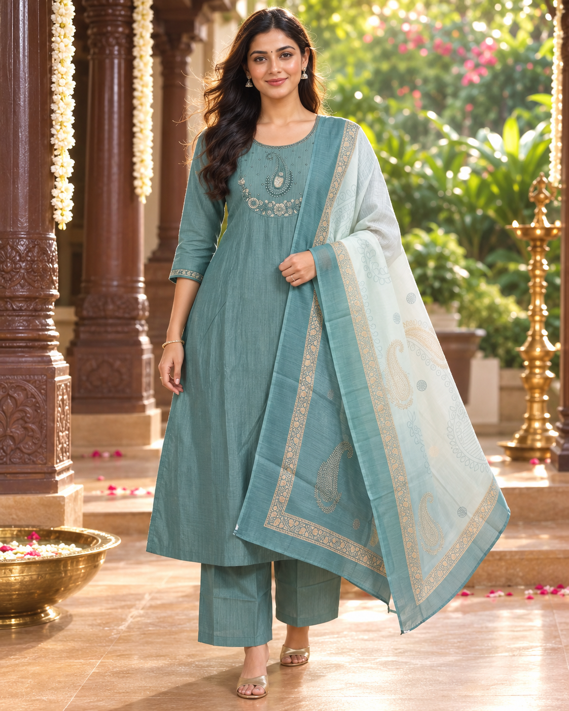 Dusty Teal Embroidered Ready Made Umbrella Kurti Set with Printed Dupatta