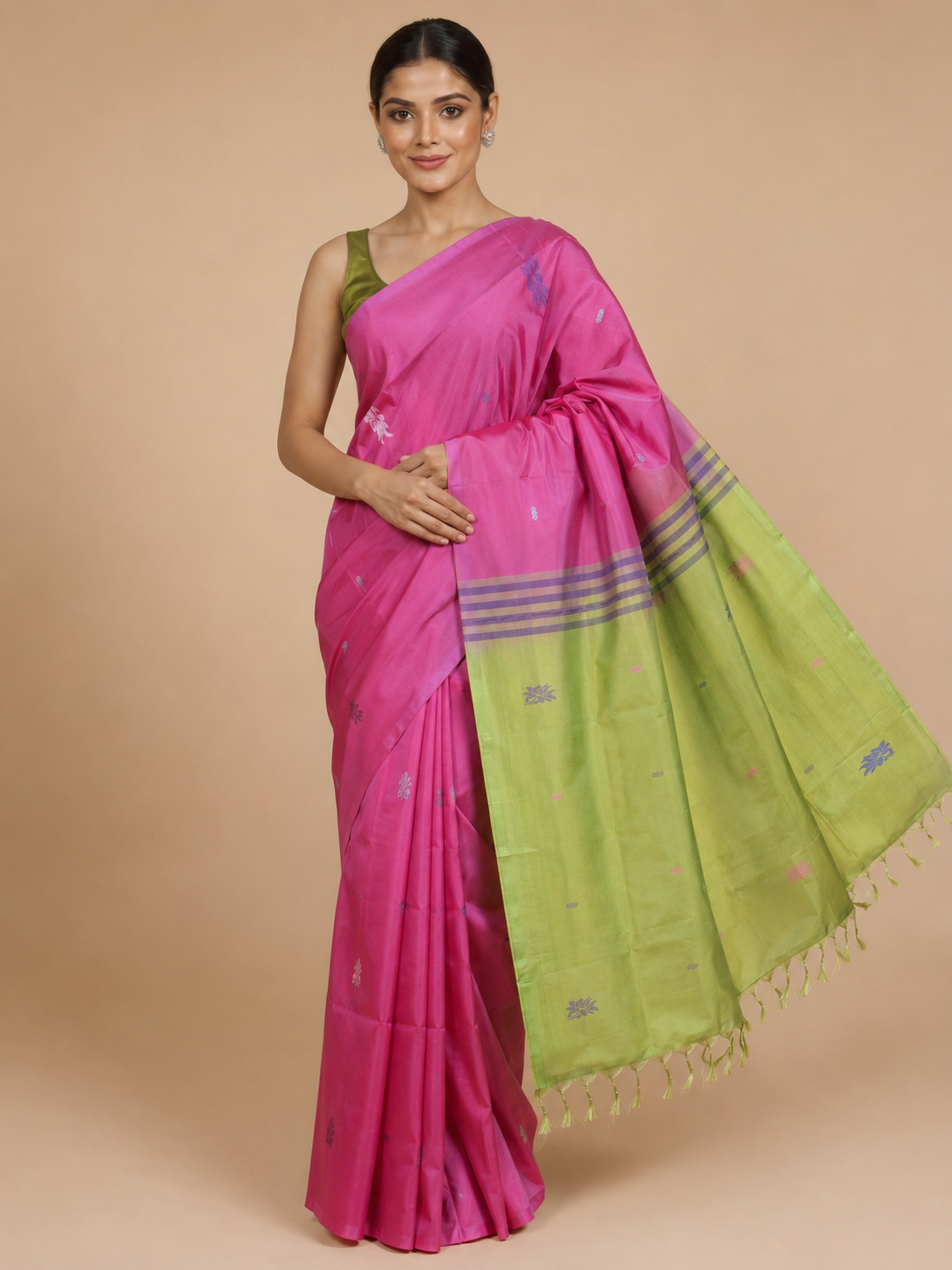 Rani Pink and Lime Green Banana Silk Sarees