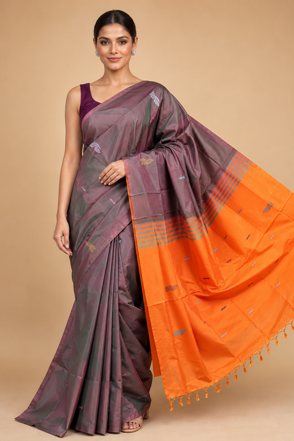 Grey and Orange Banana Silk Sarees