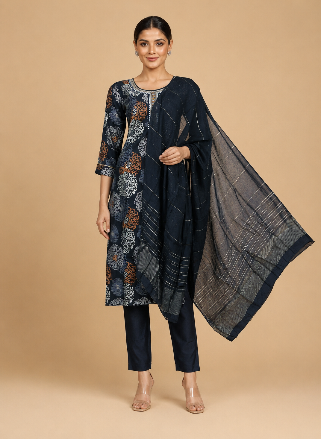 Navy Blue with Dark Navy Blue Dupatta Ready Made Kurti Set