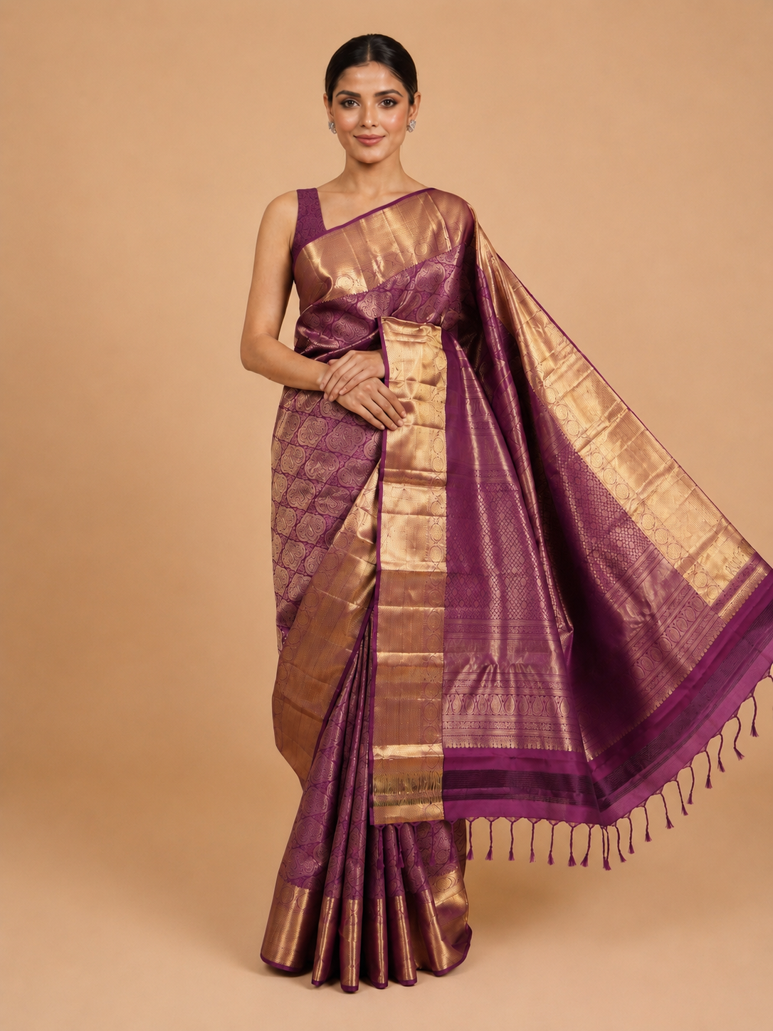 Magenta Purple and Gold Pure Kanchipuram Silk Saree