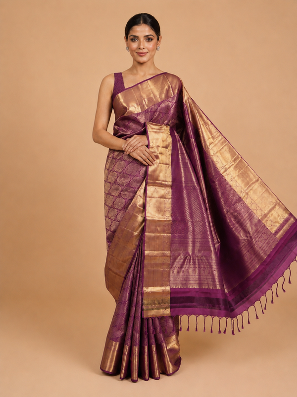 Magenta Purple and Gold Pure Kanchipuram Silk Saree