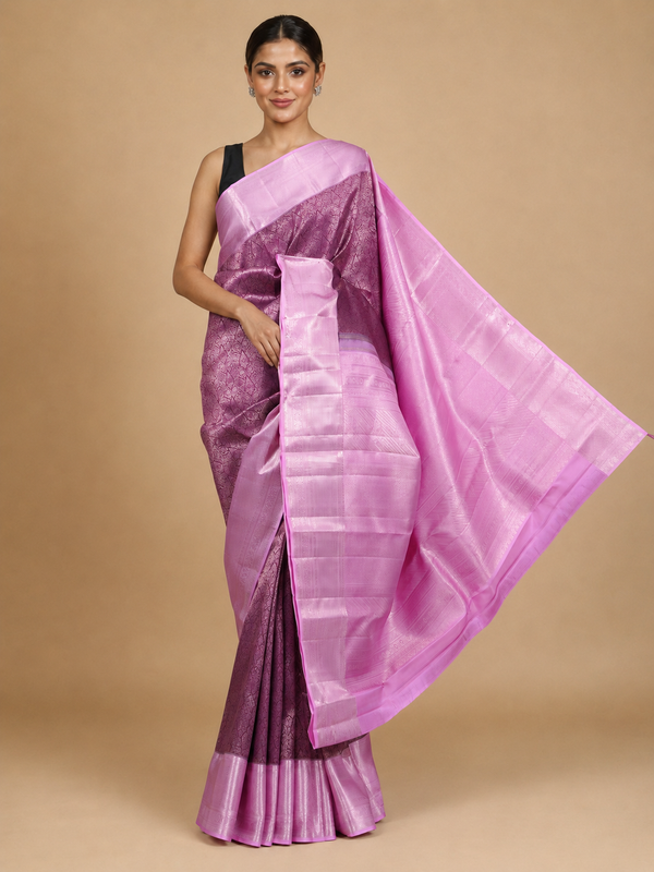 Alluring Wine Purple and Pastel Pink Pure Kanjivaram Silk Saree