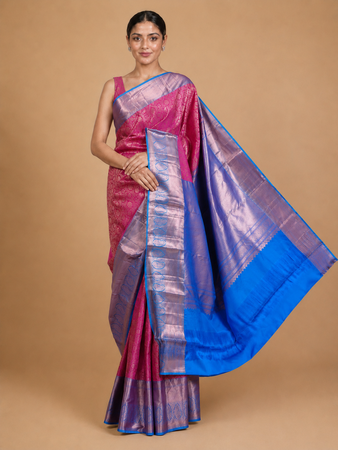 Pink and Sky Blue Kanchipuram Pure Mix Saree